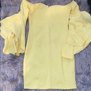 Yellow off shoulder dress w peplume sleeves